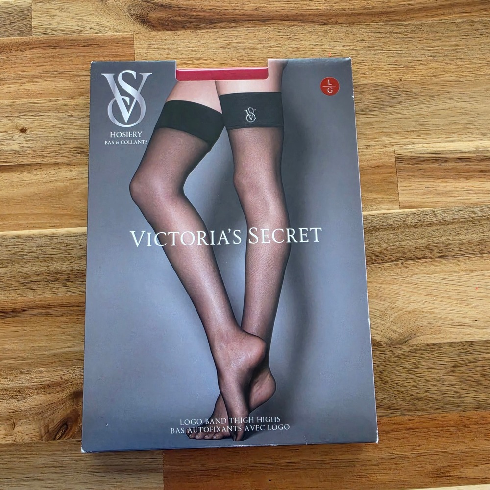 Victoria's Secret Red Logo Band Thigh Highs Crystal VS 20 Denier Size Large NEW